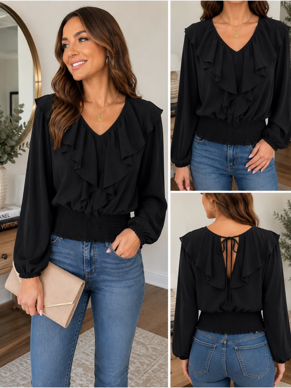 Savanna Jane Black Ruffle Smocked Blouse Long Sleeve NWT Size L
